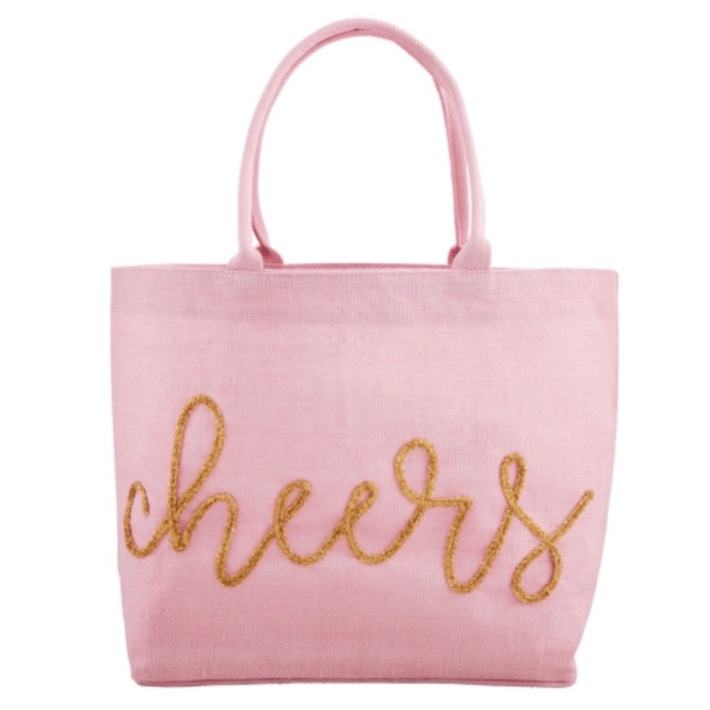 Mud Pie NWT Cheers Sparkle Tote Pink Large Gold Glitter Script Jute Beach Bag